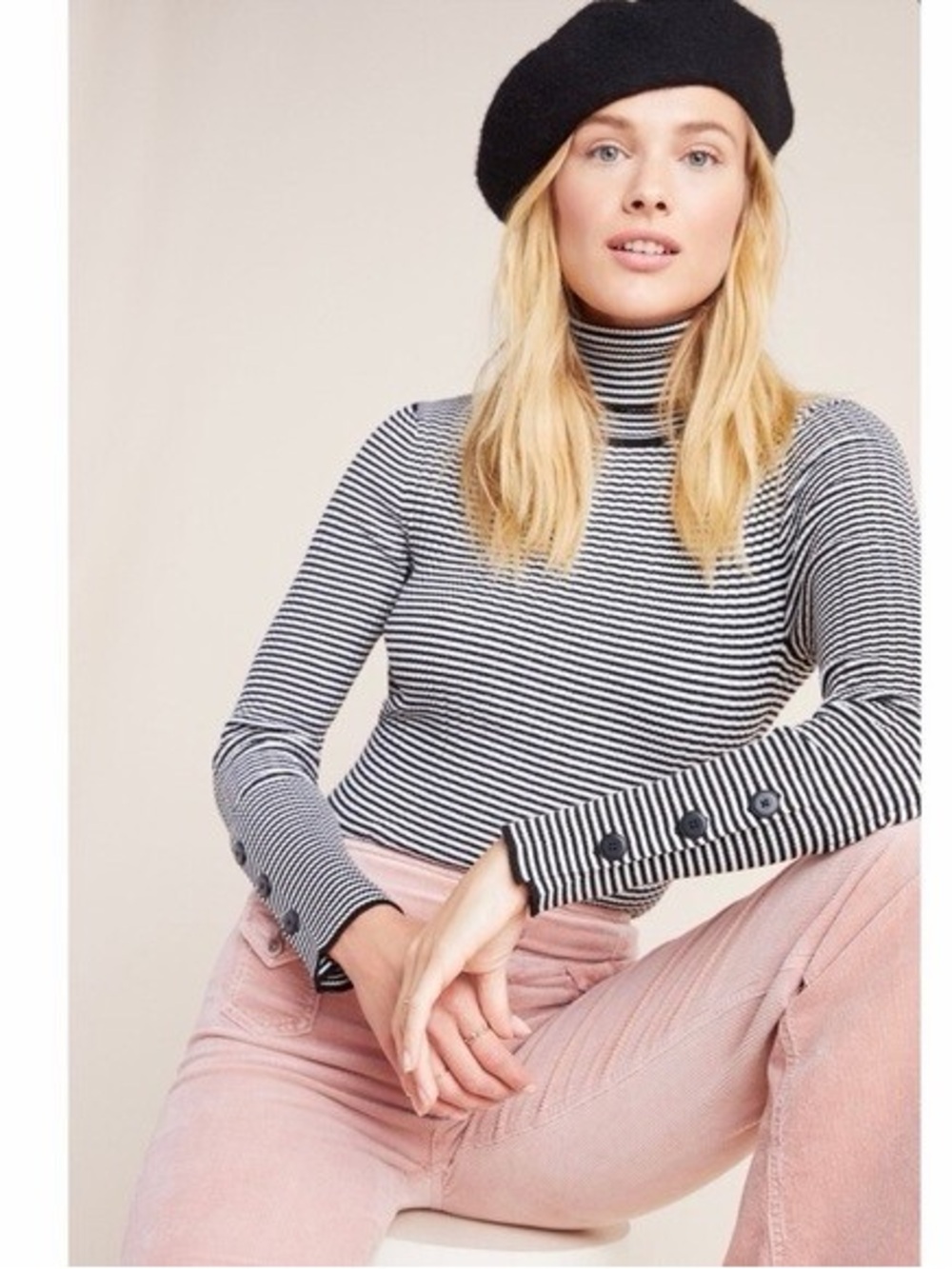 Anthropologie Striped Button Sleeve Turtleneck